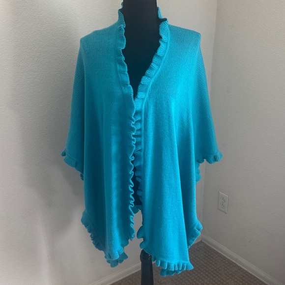 Lombaggi Knitwear Blue Ruffle Edge Open Front Shawl Wrap Poncho One Size - Picture 1 of 5